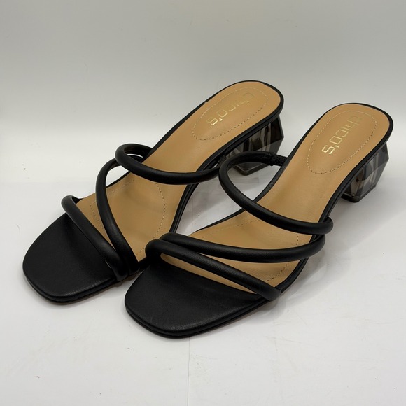 Chico's Shoes - Chicos Marina Round Lucite Sandals Black Leather Triple Strap Block Heel 8.5